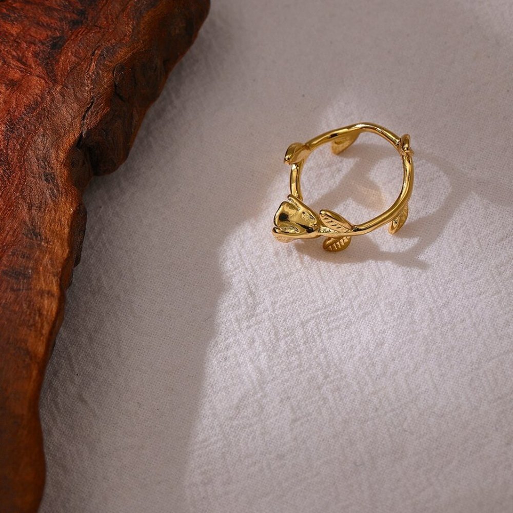 NEW 18K Gold Plated Rose Flower Leaf Resizable Ring - Picture 5 of 5